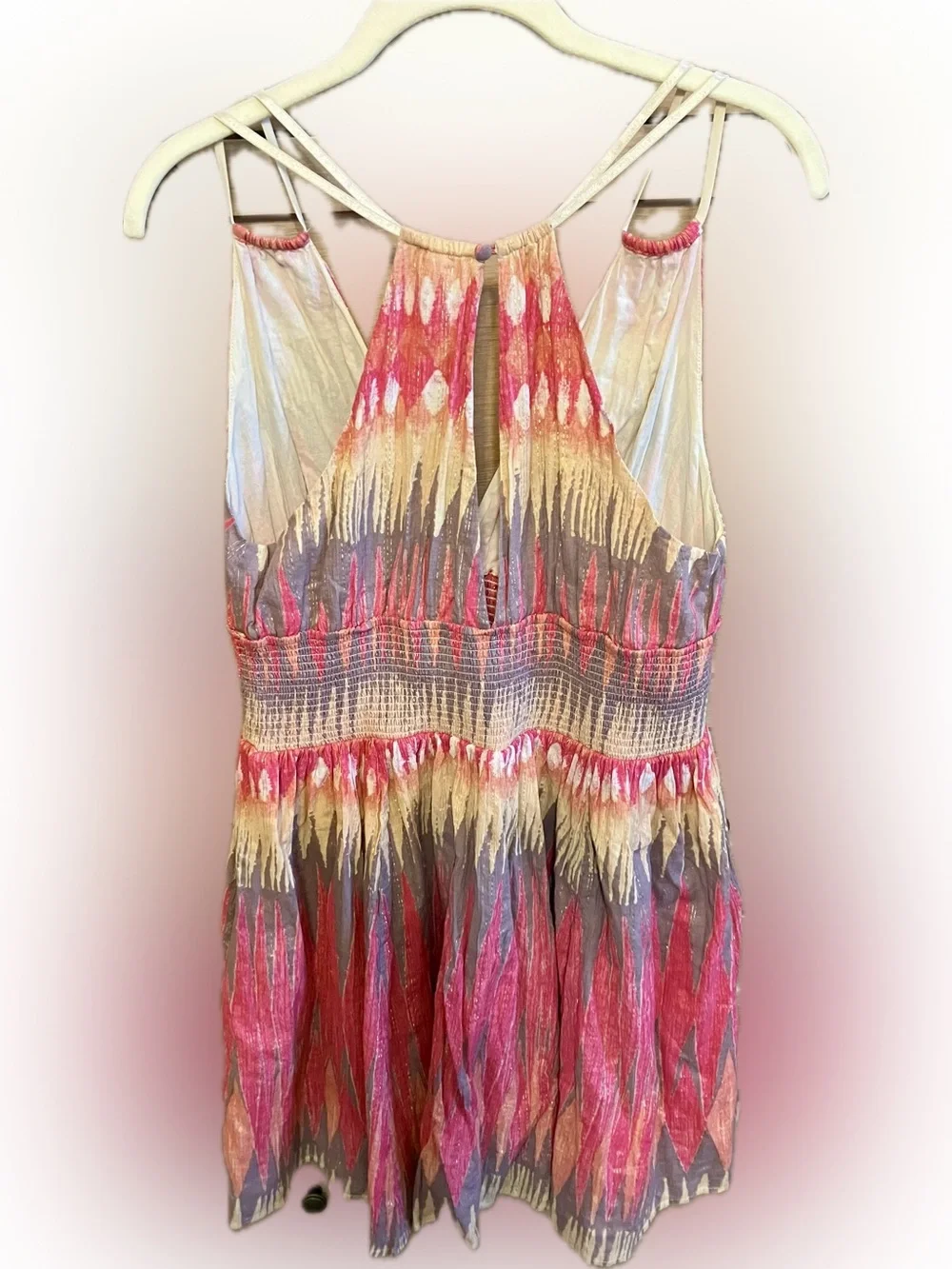 Free People Multicolor Pink Cream Gray Smocked V-Neck Mini Dress